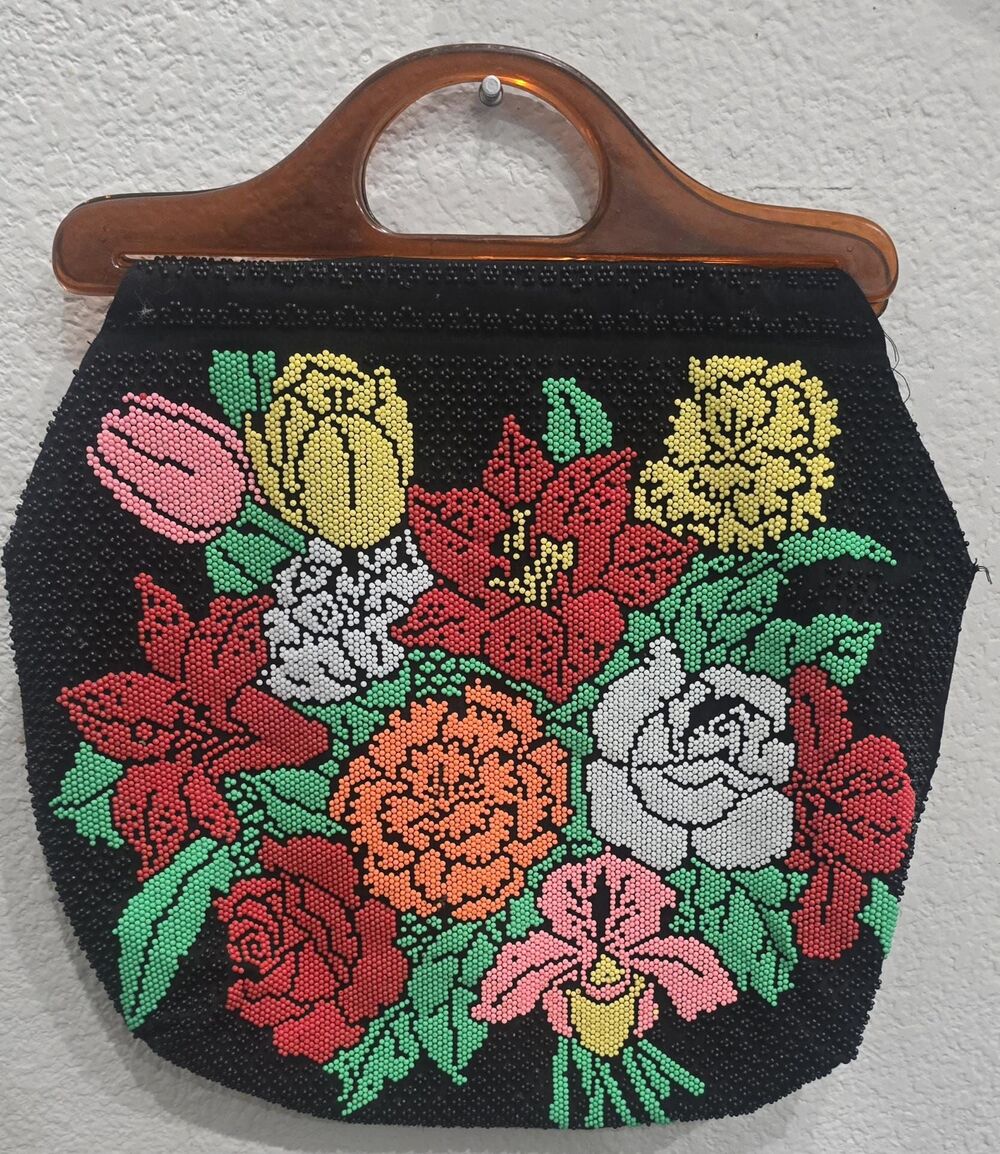 Vintage Floral Beaded purse with wooden handle